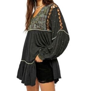 Free People Much Love Embroidered Tunic Mini Dress Large L